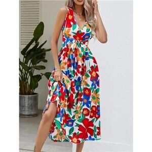 Full Size Floral V-Neck Sleeveless Dress Plus Size